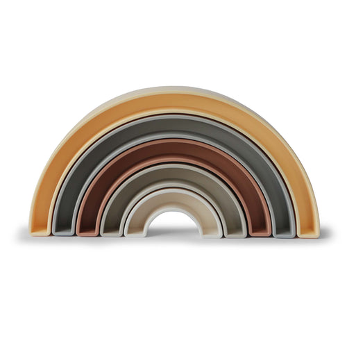 Colorful Rainbow Stacker Toy for babies, showcasing vibrant rings in a playful angle. Perfect for sensory development.