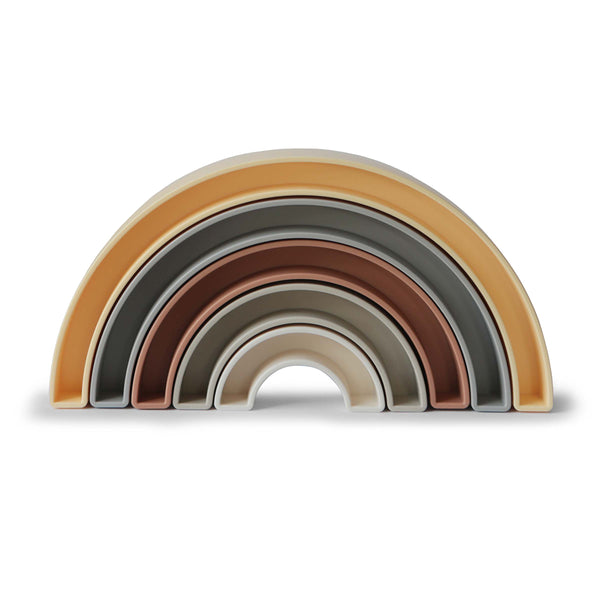 Colorful Rainbow Stacker Toy for babies, showcasing vibrant rings in a playful angle. Perfect for sensory development.
