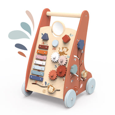 Colorful multi-activity walker for babies, promoting early learning and motor skills development.