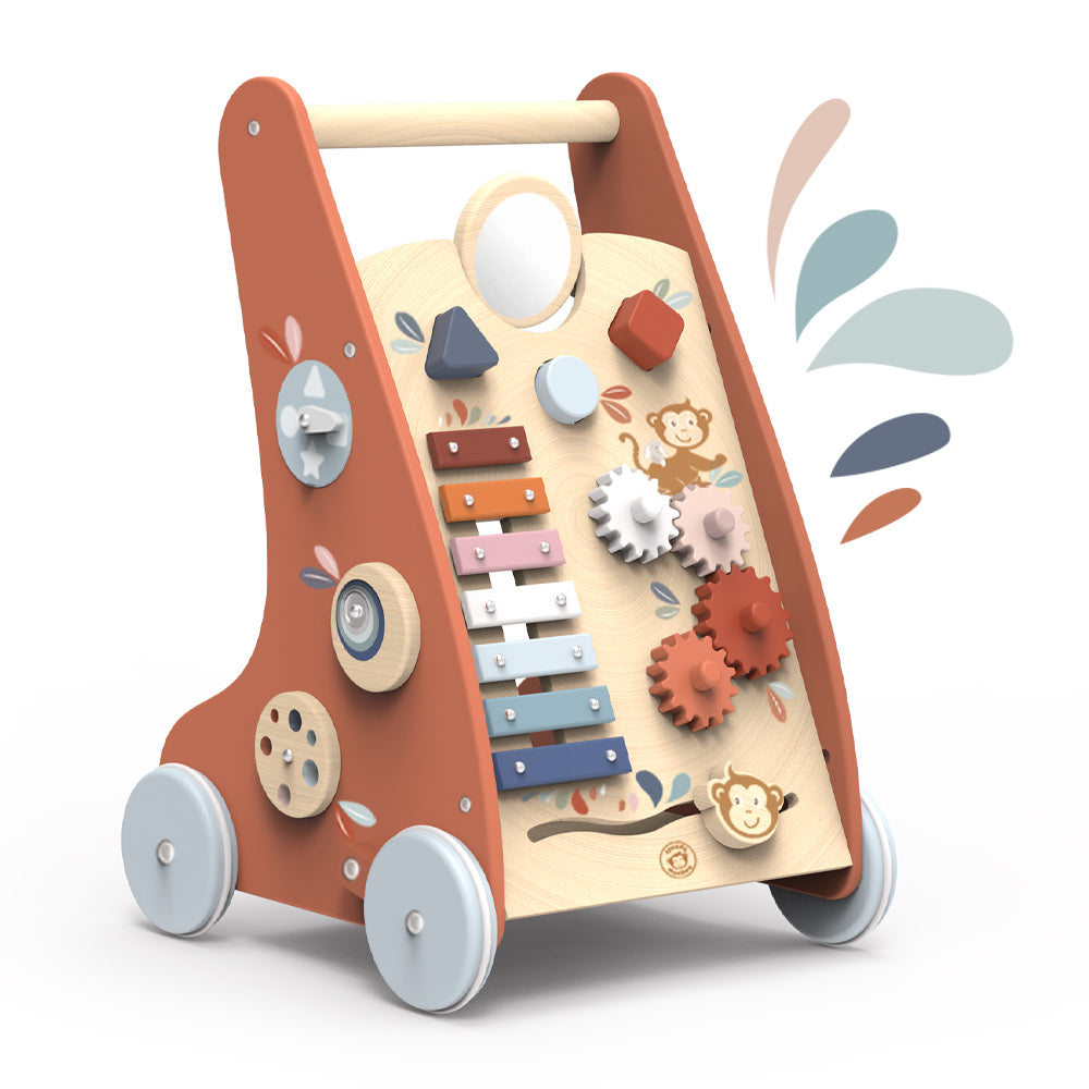 Colorful multi-activity walker for babies, promoting early learning and motor skills development.