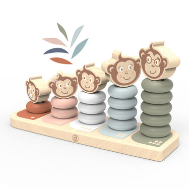 Colorful Monkey Family Stacker toy for early learning, promoting motor skills and imaginative play for babies.