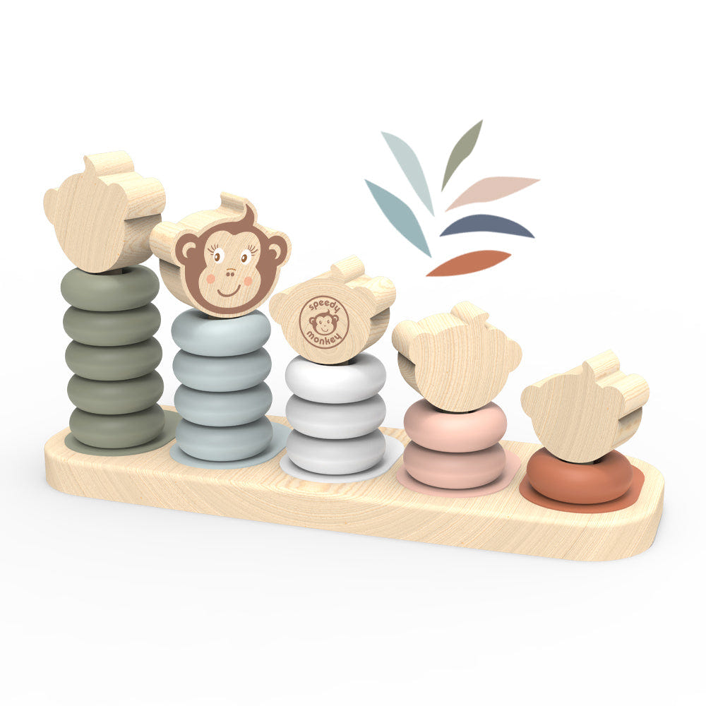 Colorful Monkey Family Stacker toy for early learning, promoting motor skills and imaginative play for babies.