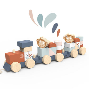 Colorful stacking train toy for early learning and development in babies and toddlers.
