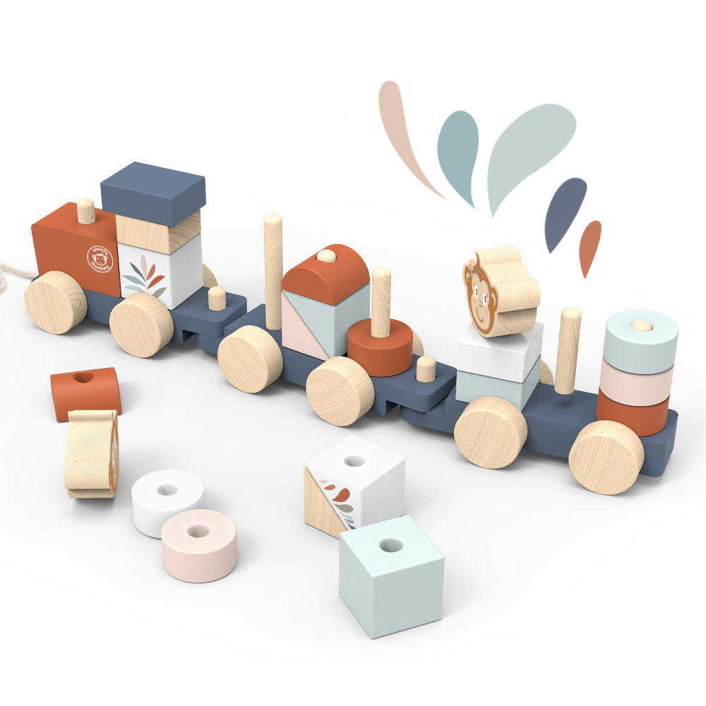 Colorful stacking train toy for early learning and development in babies and toddlers.