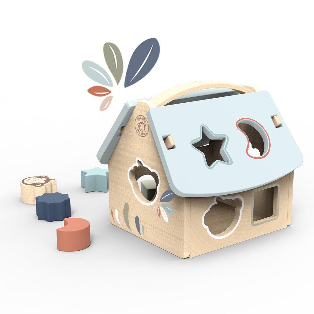 "House shape sorter for babies, promoting early learning and fine motor skills development."
