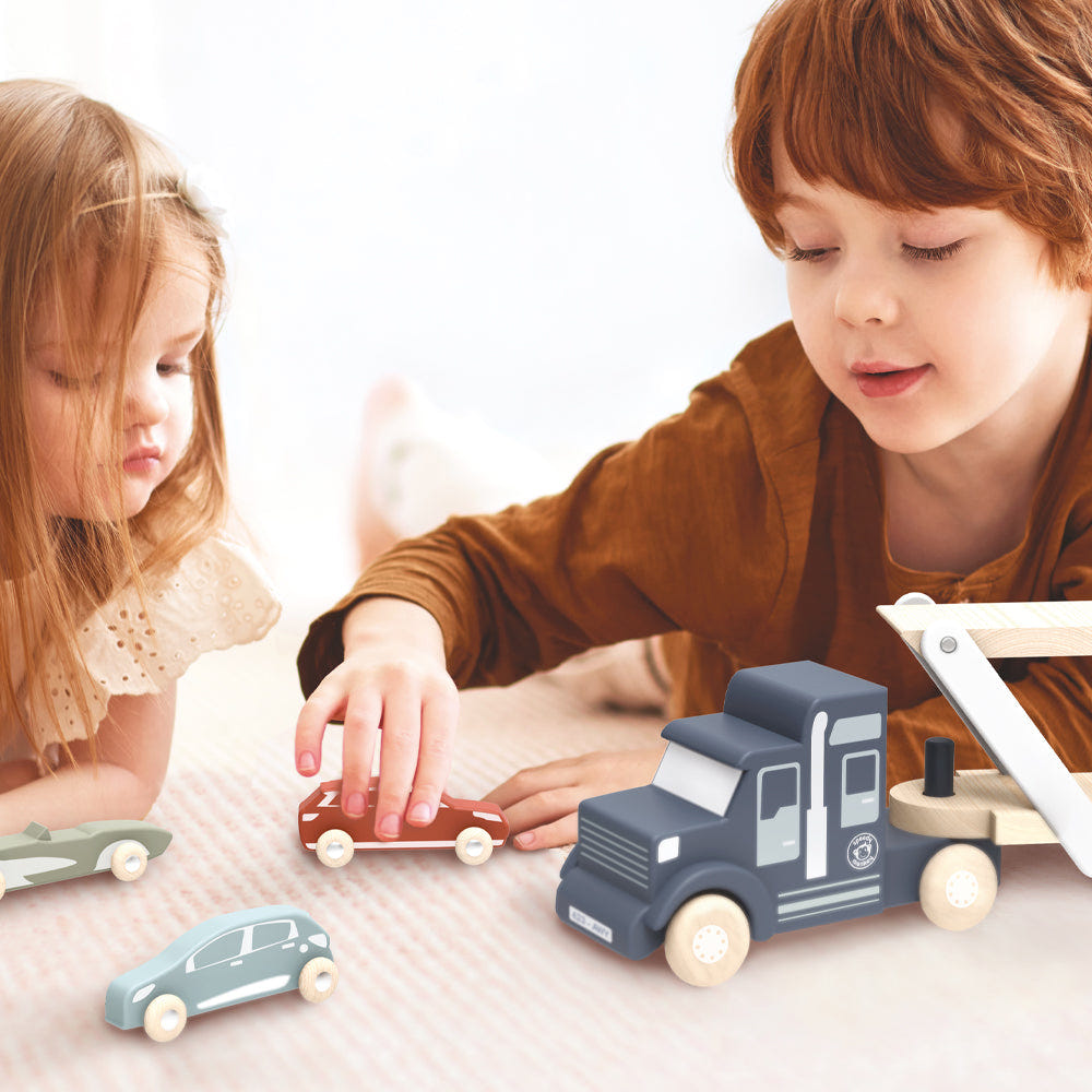 "Colorful car transporter toy for babies, perfect for recreational play and imaginative adventures."