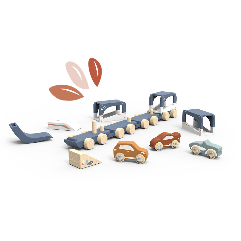Colorful train vehicle carrier for babies, promoting early learning and imaginative play.