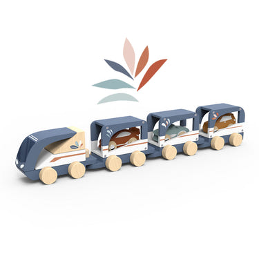Colorful train vehicle carrier for babies, promoting early learning and imaginative play.