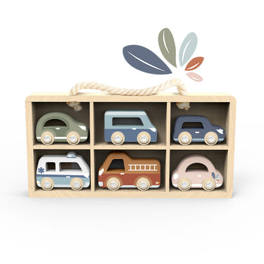 "Colorful car display case with 6 vehicles for early learning and imaginative play."