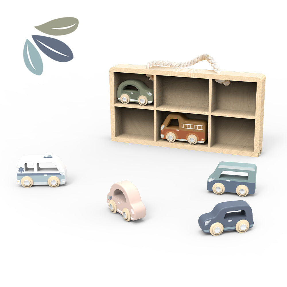 "Colorful car display case with 6 vehicles for early learning and imaginative play."