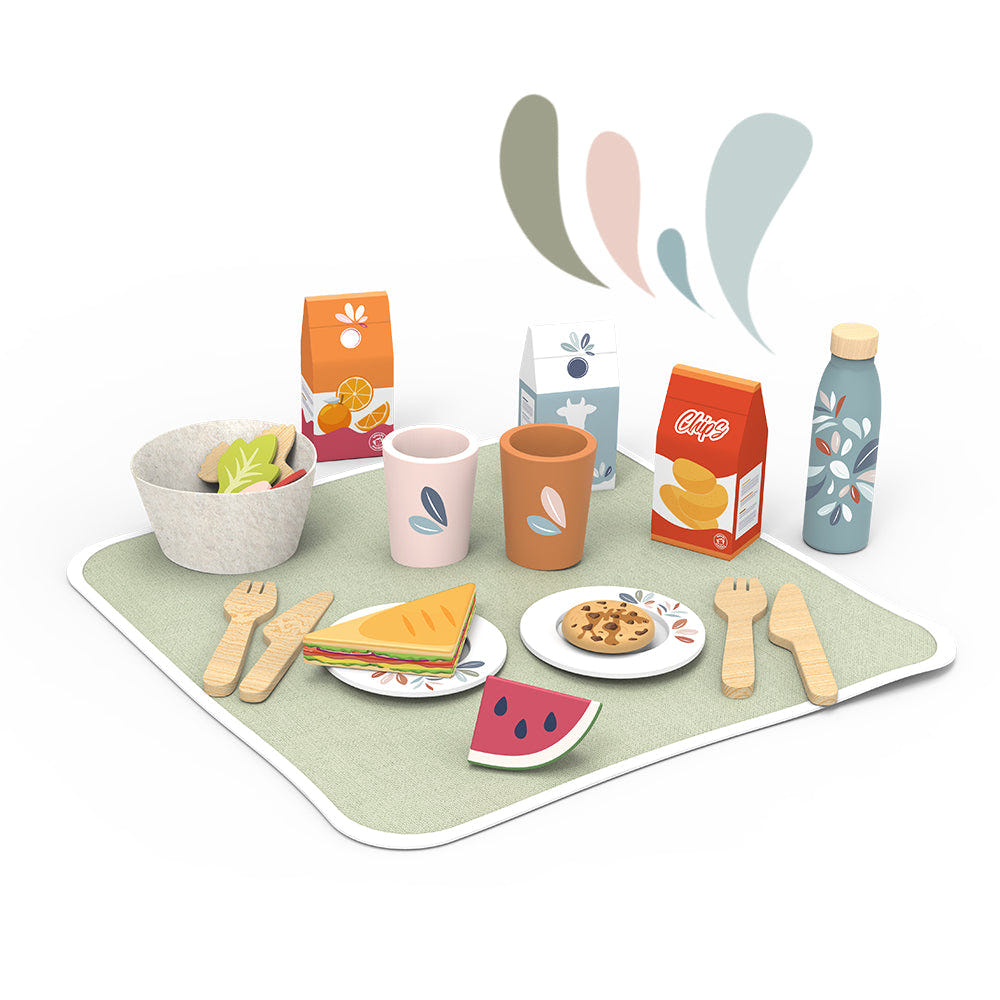 "Colorful picnic basket for kids' role play, perfect for imaginative outdoor adventures."
