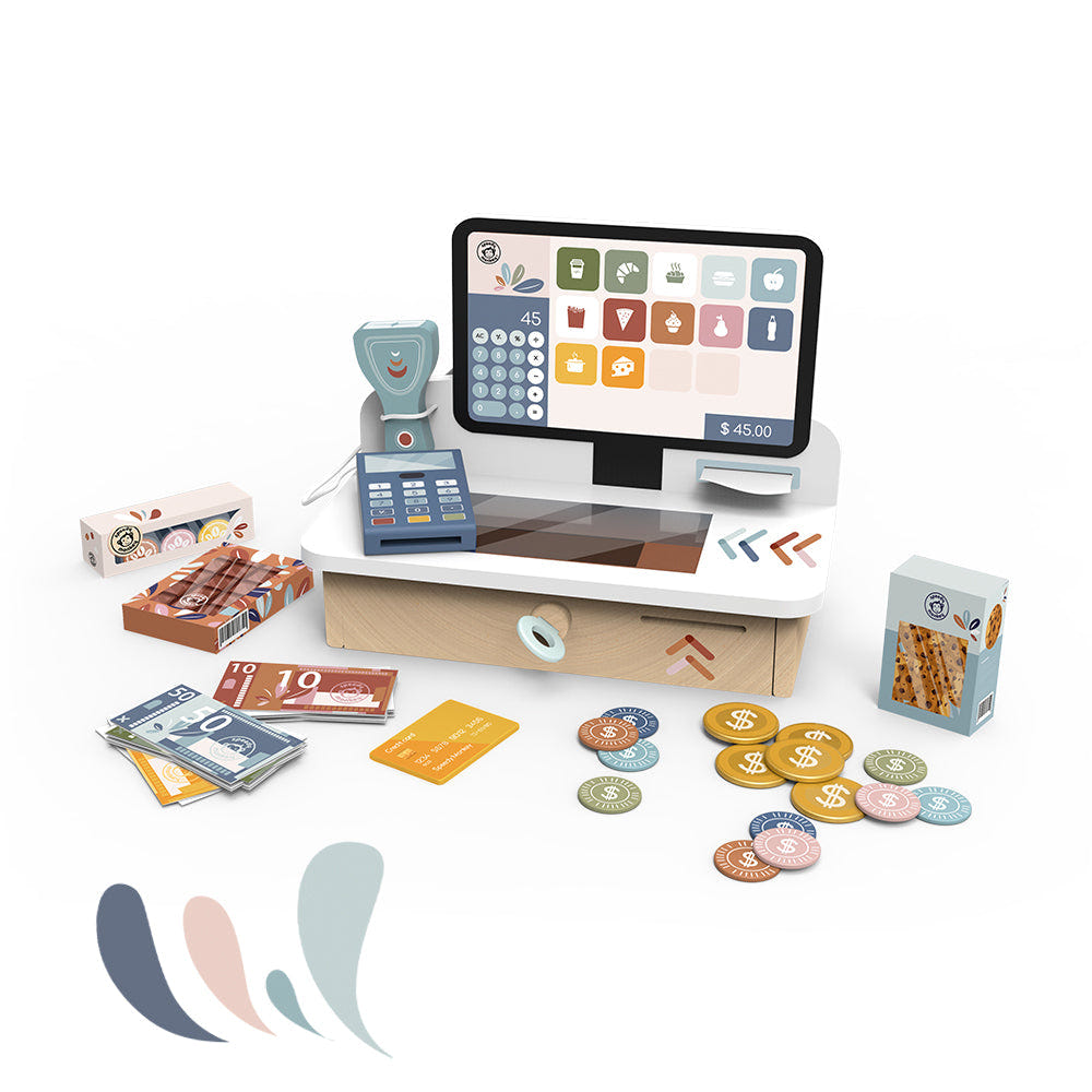 Colorful cash register toy for kids, perfect for role play and learning about money management.
