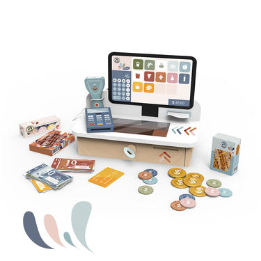 Colorful cash register toy for kids, perfect for role play and learning about money management.