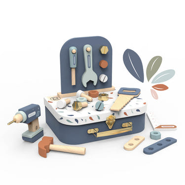 "Colorful baby tools suitcase for role play, featuring various toy tools for imaginative playtime fun."