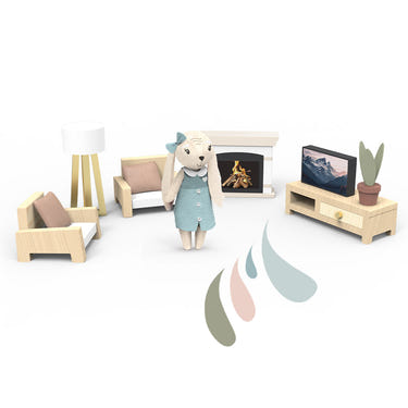 Doll house living room set with one character for imaginative play and creativity. Perfect for young children.