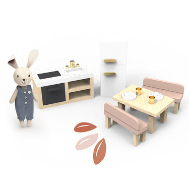 Doll house kitchen set with 4 chairs and 1 character, perfect for imaginative play.