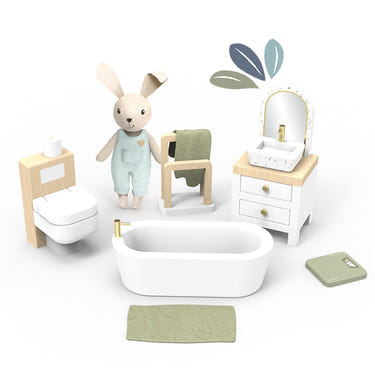 Doll house bathroom set with 1 character for imaginative play, perfect for young children.