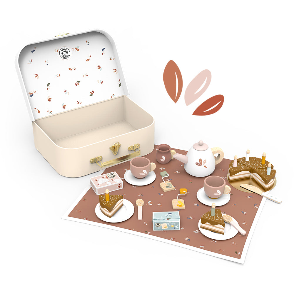 "Colorful birthday tea set for dolls, perfect for imaginative play and celebrations."