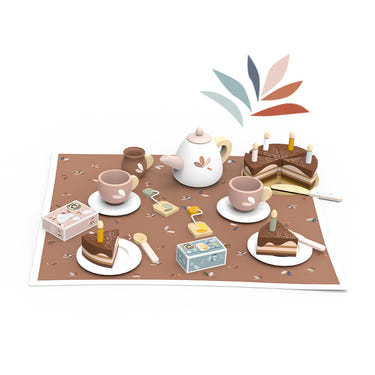 "Colorful birthday tea set for dolls, perfect for imaginative play and celebrations."