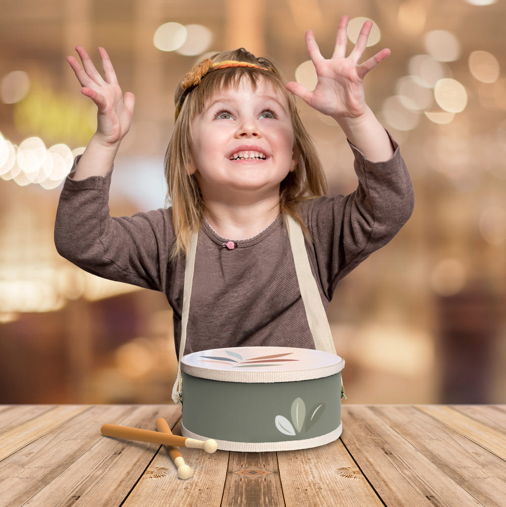 Colorful drum with adjustable strap for babies, perfect musical toy for early development and fun playtime.