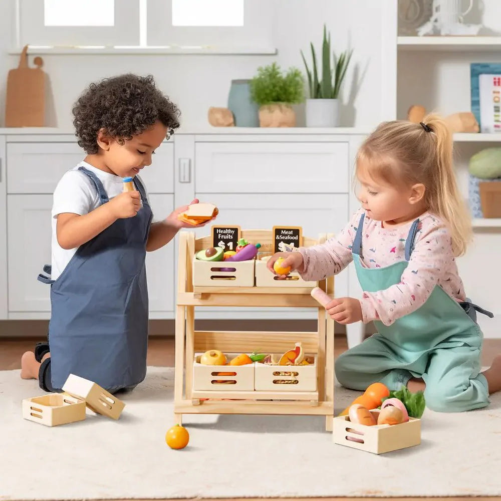 Tiny Land® wooden rack for play kitchen accessories, perfect for storing play food in a child's play area.