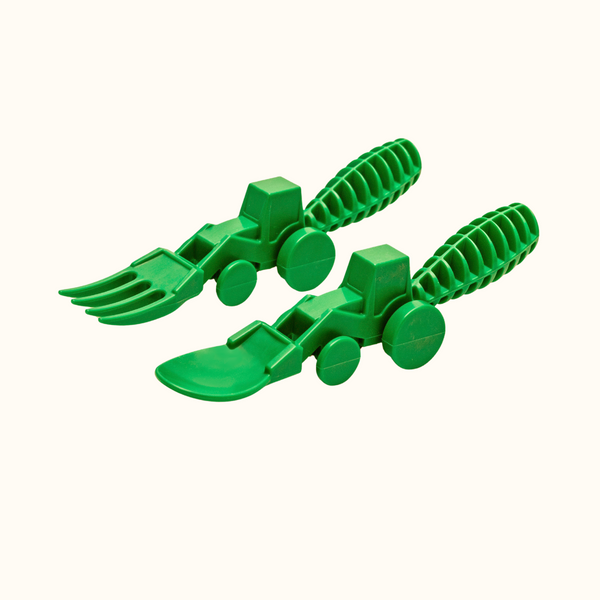 Tractor utensils set for babies, 2-pack feeding tools in playful design, perfect for mealtime fun.