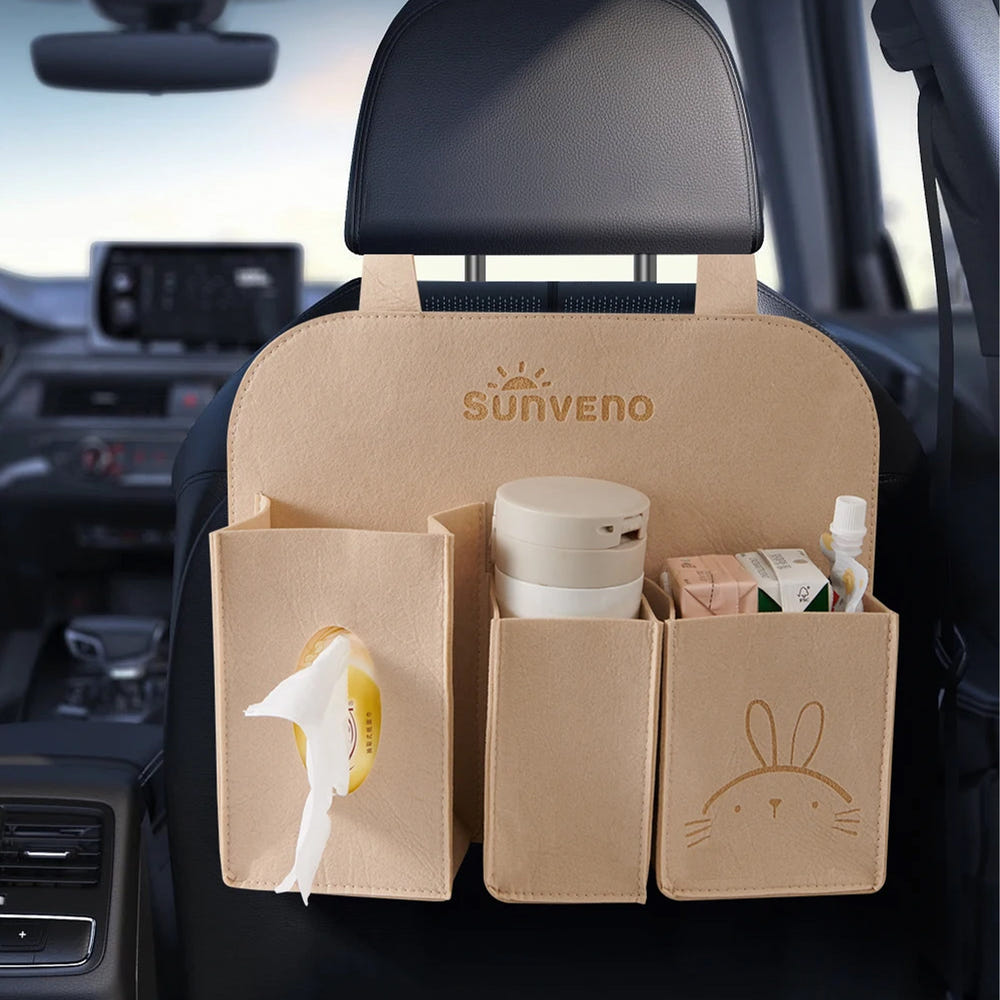 Baby car seat hanging organizer for travel essentials, keeping items within reach and organized for parents on the go.