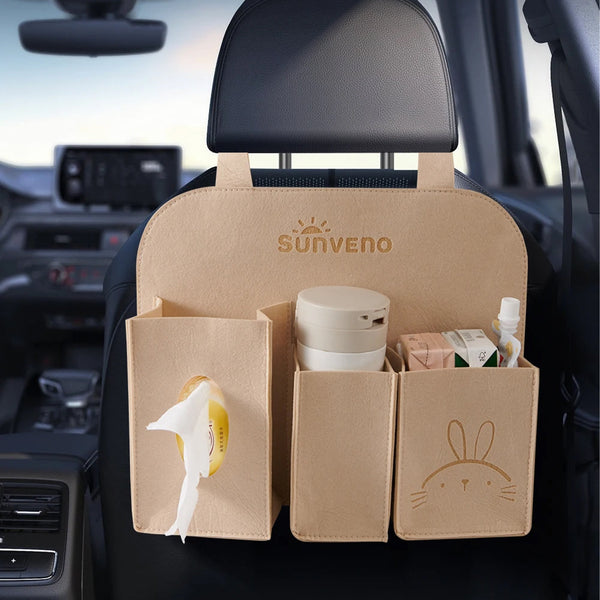 Baby car seat hanging organizer for travel essentials, showcasing convenient storage and easy access from angle 2.