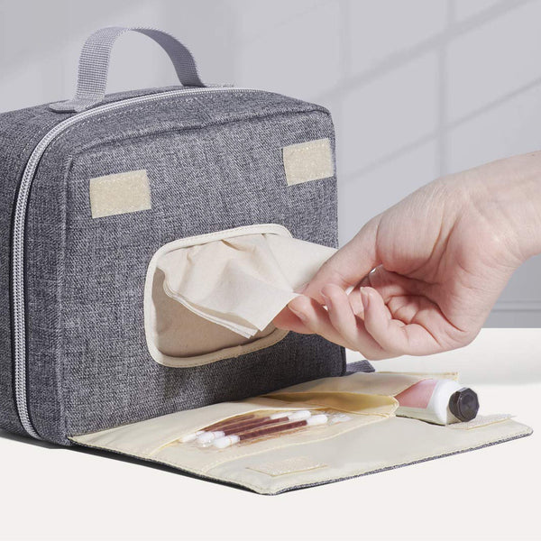 Stylish diaper changing bag in angle view, perfect for parents on the go.
