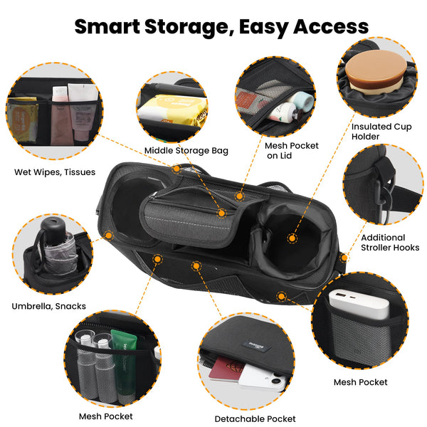 SUNVENO Stroller Organizer Bag with Detachable Parent Pouch, Dual Cup Holders, Adjustable Straps & Removable Shoulder Strap