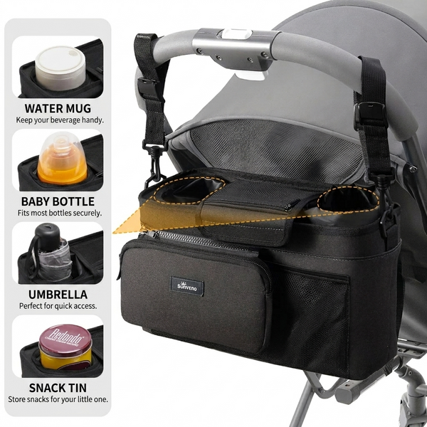 SUNVENO Stroller Organizer Bag with Detachable Parent Pouch, Dual Cup Holders, Adjustable Straps & Removable Shoulder Strap