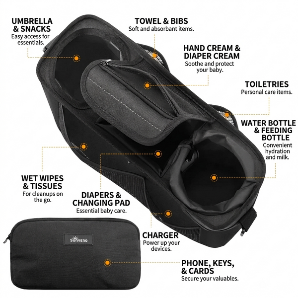 SUNVENO Stroller Organizer Bag with Detachable Parent Pouch, Dual Cup Holders, Adjustable Straps & Removable Shoulder Strap