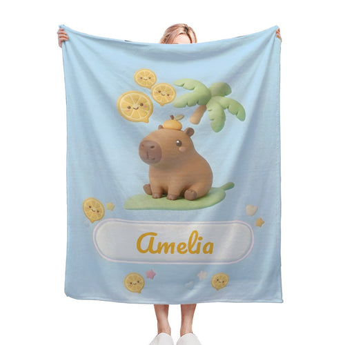 Personalized Kawaii Capybara Blanket | Custom Name | Palm Tree Blue Tropical Fleece Throw Gift