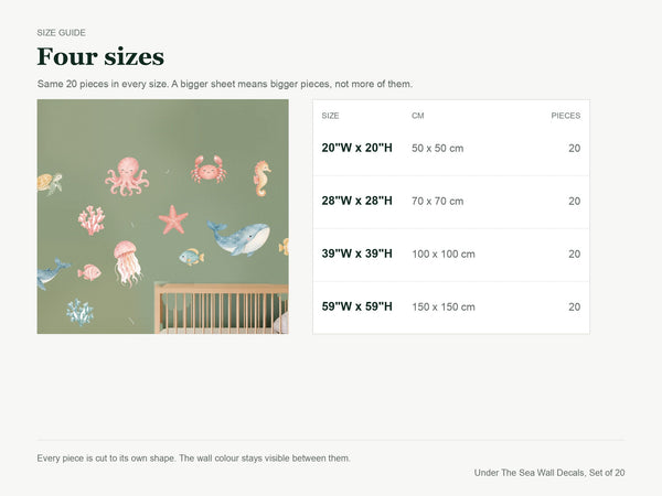 Under The Sea Wall Decals, Set of 20 size guide