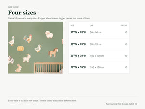 Farm Animal Wall Decals, Set of 10 size guide