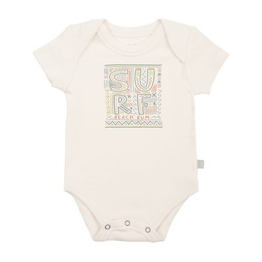 Graphic bodysuit for babies featuring a fun surf design, perfect for summer outings. Short sleeve comfort and style.