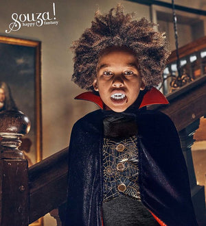 Dracula cape and teeth costume set for kids aged 4-8, perfect for Halloween dress-up and role-play fun.