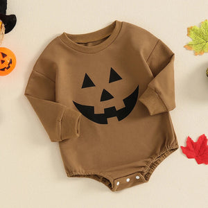 Baby Halloween romper with pumpkin face print, long sleeves, perfect for girls and boys. Angle 15 view.