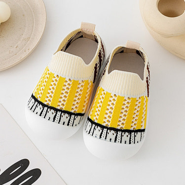 Yellow striped baby first walkers for infants, perfect for early steps and stylish comfort.