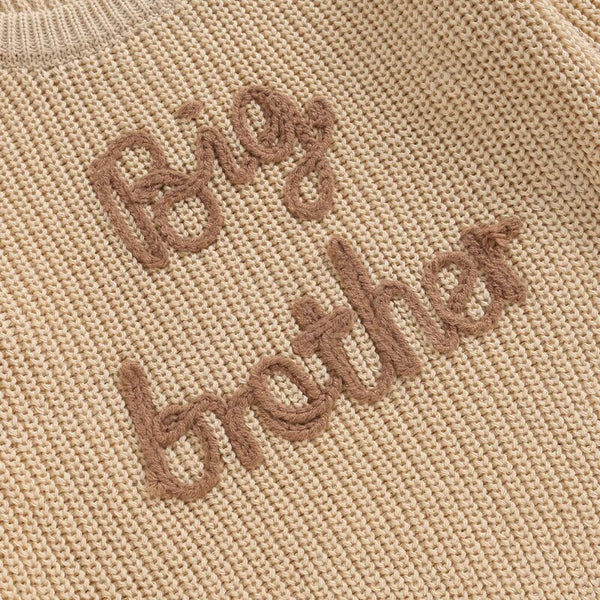 Toddler boys' cotton sweater with "Big Brother" embroidery, long sleeve pullover, loose knitwear, angle view.