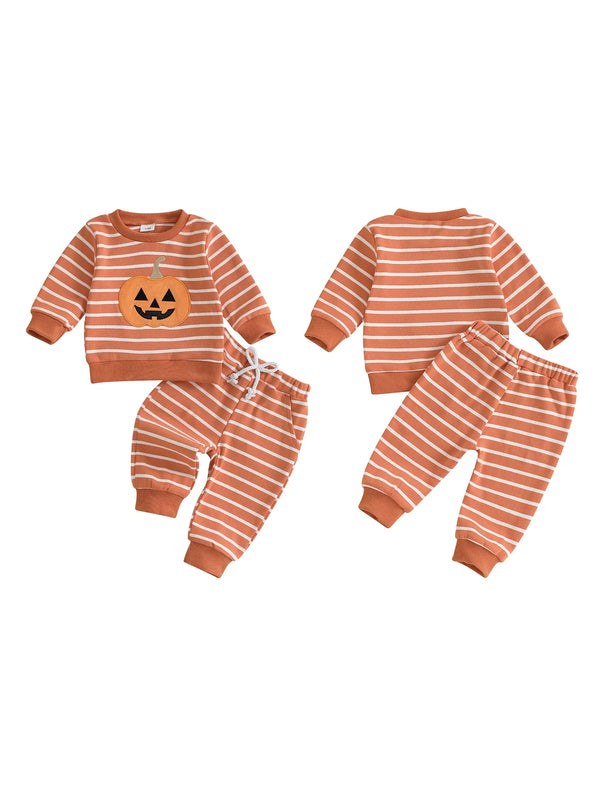 Baby Toddler Boys 2Pcs Halloween Outfit Stripe Pumpkin Embroidery Long Sleeve Top and Long Jogger Pants Clothes Set