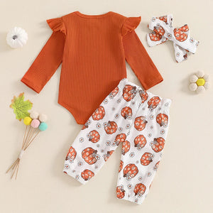 Baby girls' Halloween outfit set: ribbed romper, pumpkin print pants, and headband, angle view. Perfect for festive fun!