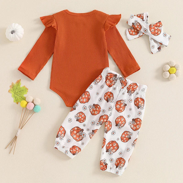 Baby girls' Halloween outfit set: ribbed romper, pumpkin print pants, and headband, angle view. Perfect for festive fun!