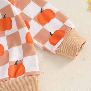 Baby Toddler Boys Girls 2Pcs Halloween Thanksgiving Outfit Checkered Pumpkin Print Long Sleeve Top and Long Pants Set