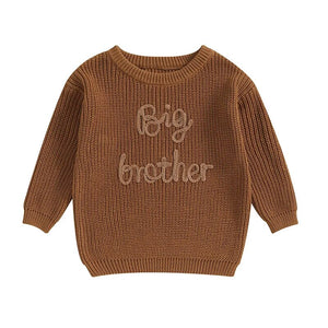 Toddler boys' long sleeve sweater with "Big Brother" embroidery, loose knitwear in cotton, angle view.