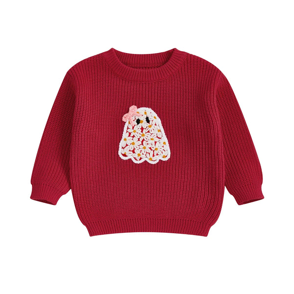 Baby Toddler Kids Girl Halloween Sweater Long Sleeve Round Neck Ghost Flower Embroidery Knit Pullover Top
