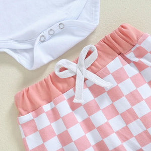 Baby Boys Girls 3Pcs Lil Bro / Sis Fall Outfit Letter Embroidery Long Sleeve Romper Checkered Print Pants Beanie Hat Set