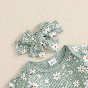 Baby girl floral print romper, long pants, and headband set for spring and fall outfits, angle 6 view.