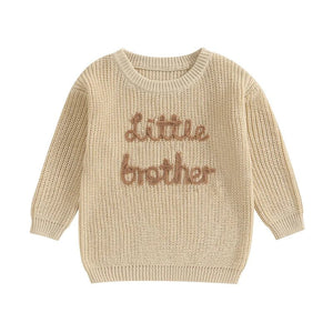 Baby boys' crew neck sweater with letter embroidery, long sleeve pullover top for little brothers.