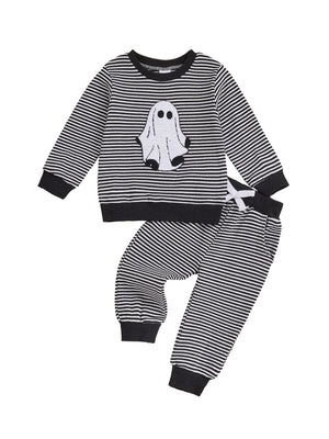 Baby Toddler Boys 2Pcs Halloween Outfit Ghost Embroidery Striped Long Sleeve Top and Elastic Pants Clothes Set